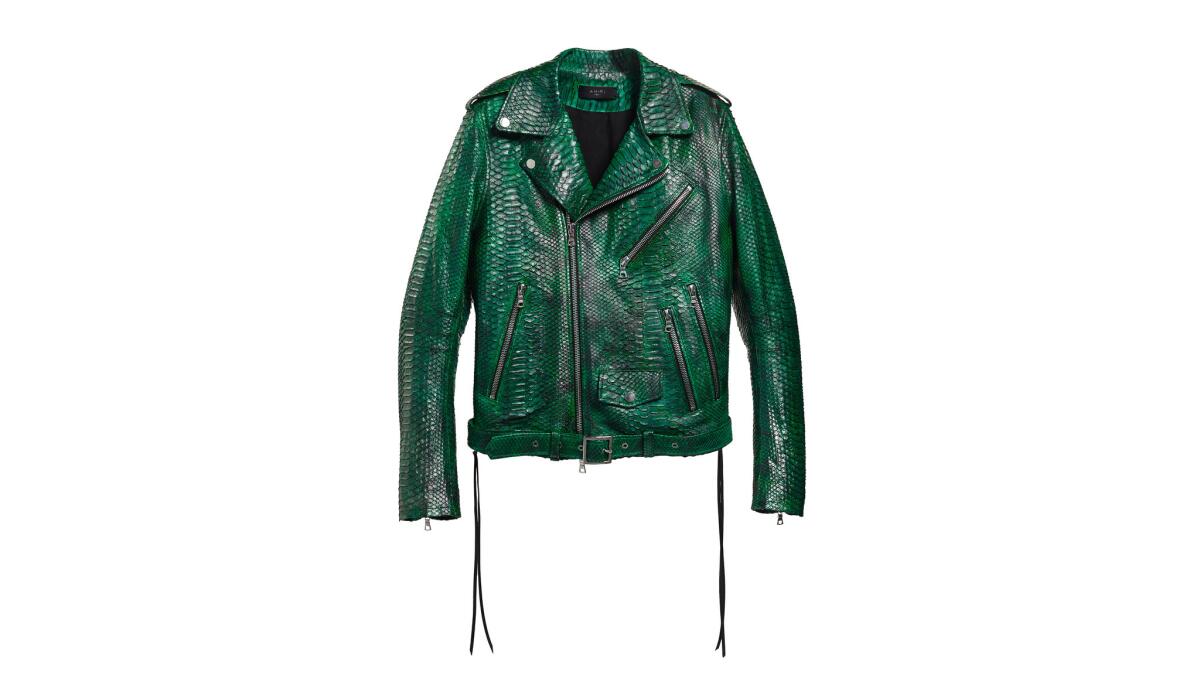 Amiri green hand-dyed snakeskin moto jacket made in L.A., $12,000 at barneys.com.