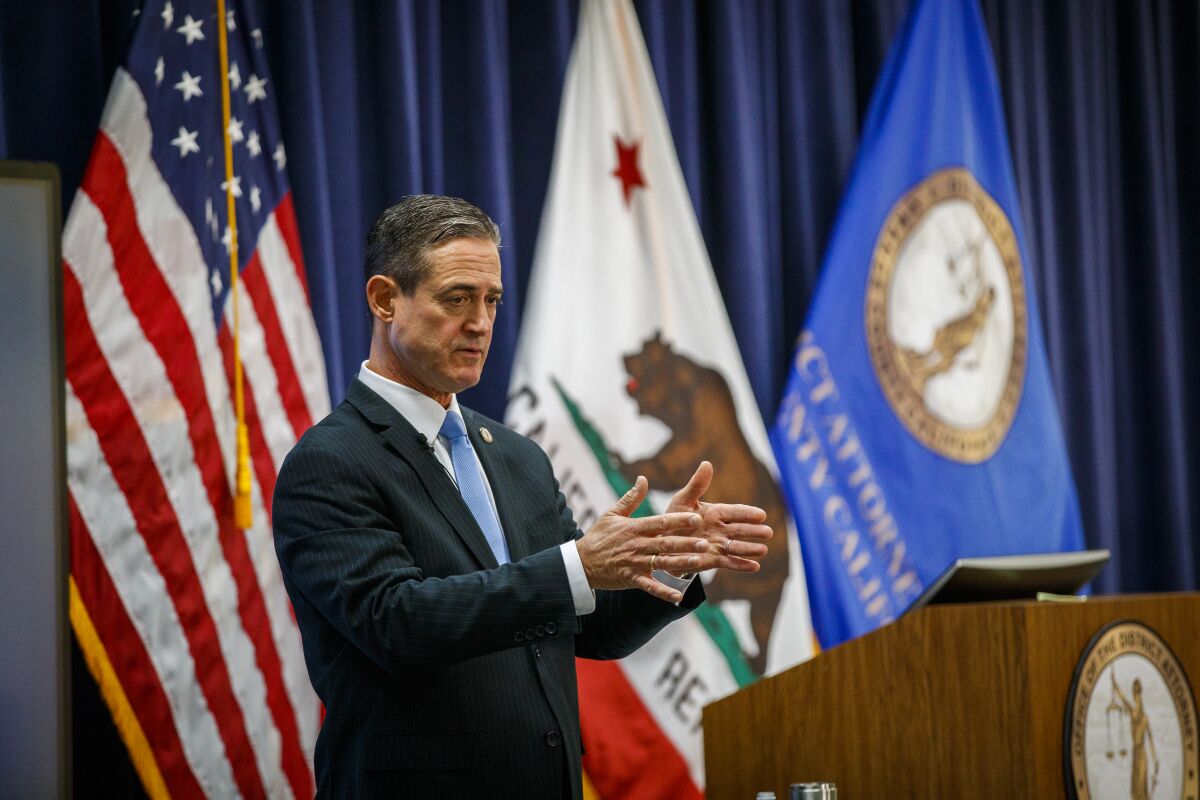 Orange County Dist. Atty. Todd Spitzer at a press conference last year at the district attorney’s office in Santa Ana.