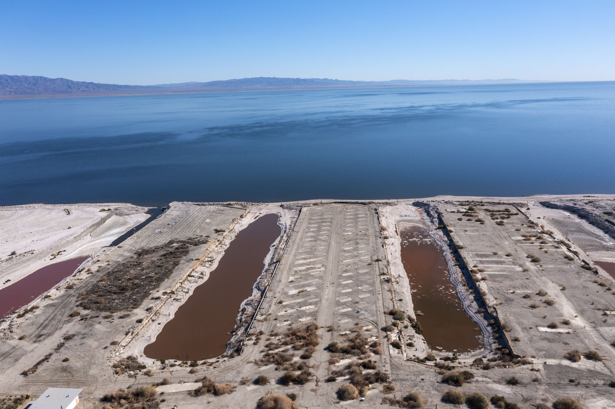 An aerial view of what's left of the Desert Shores community on the Salton Sea.