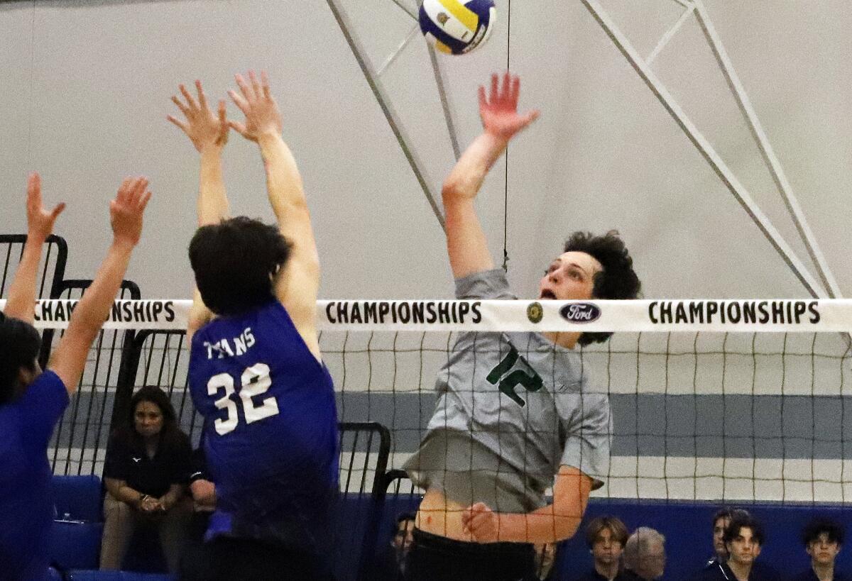 Sage Hill's Jackson Cryst (12) spikes the ball against San Marino's Luca Moggio (32) on Saturday.