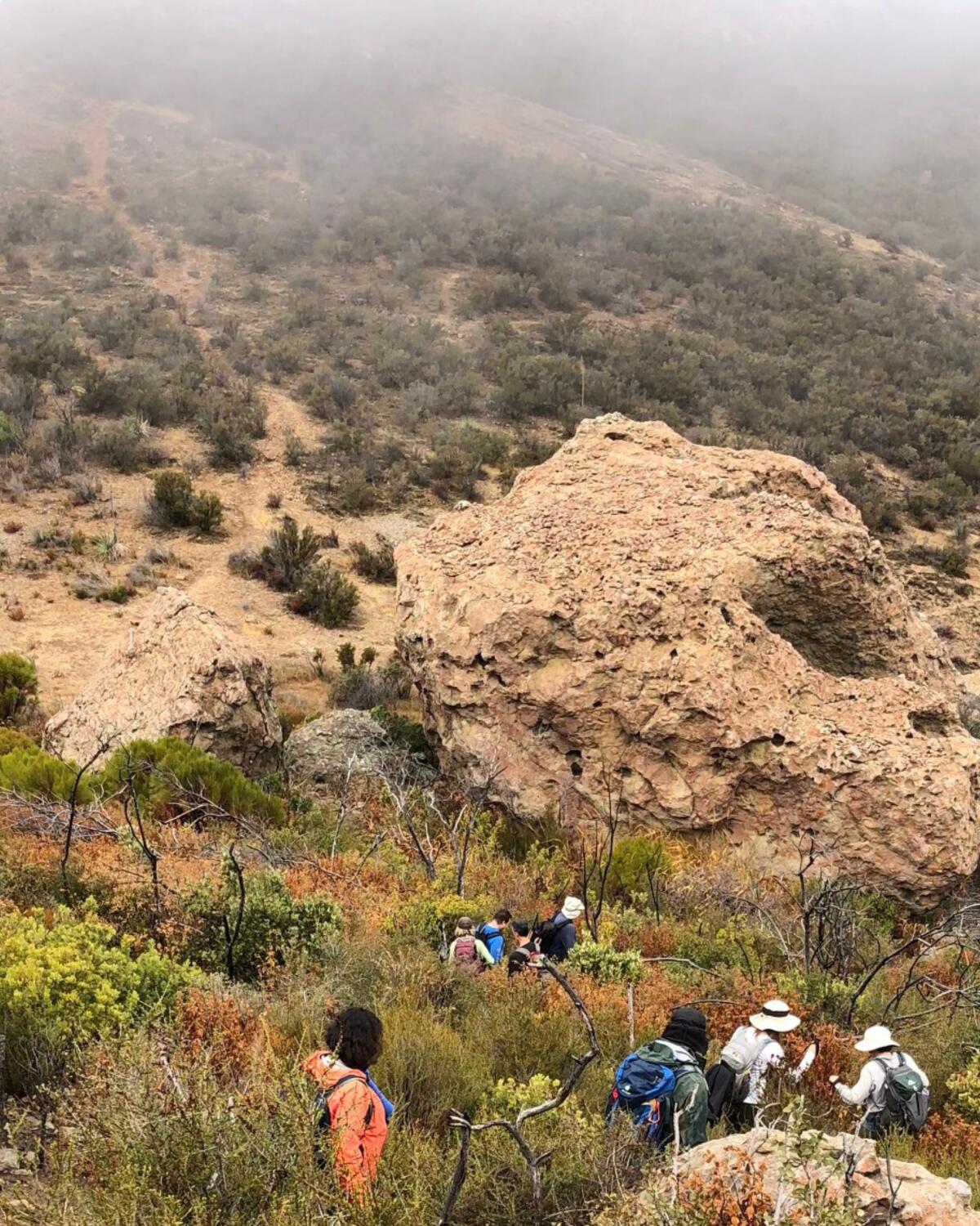 A group of people on a steep hiking trail.