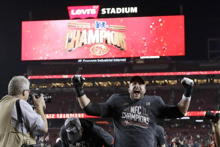 San Francisco 49ers offensive tackle Joe Staley celebrates after the NFL NFC Championship football game against the Green Bay Packers Sunday, Jan. 19, 2020, in Santa Clara, Calif. The 49ers won 37-20 to advance to Super Bowl 54 against the Kansas City Chiefs. (AP Photo/Marcio Jose Sanchez)