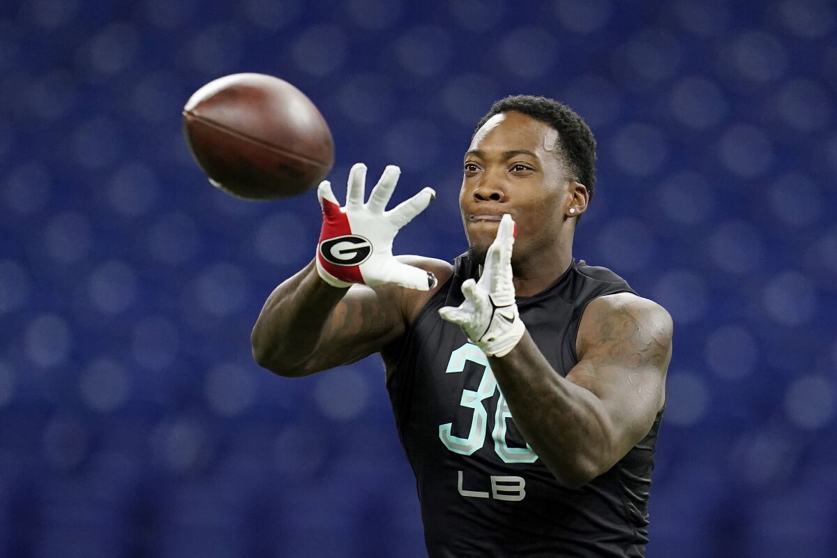 Georgia linebacker Quay Walker participates in a drill at the NFL scoring combine on March 5.