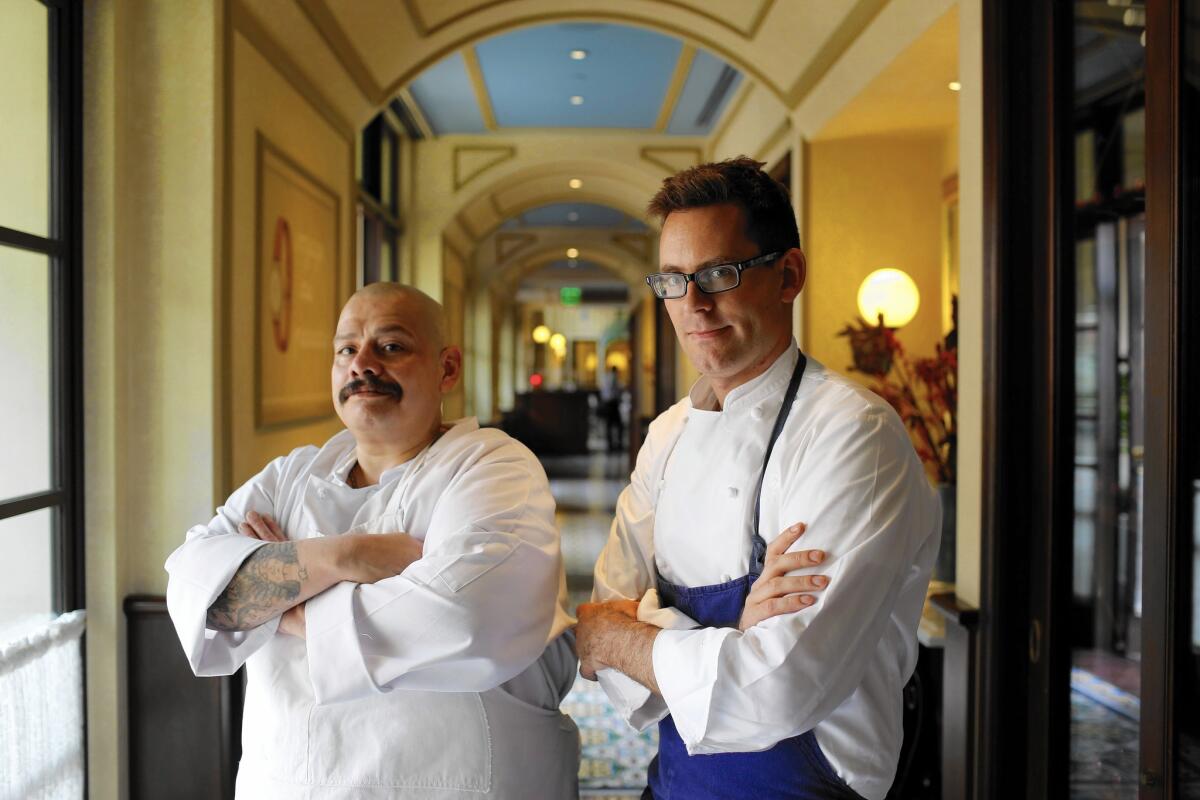 Chef David Hand, right, of Bouchon, a restaurant in Beverly Hills, has helped former intern Javier Medina, who served four terms in prison and was a gang member for 26 years, turn his life around. Medina now works in the bakery at the French bistro.