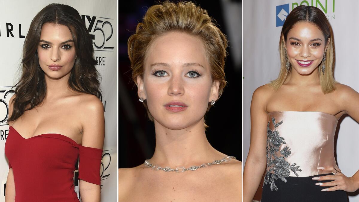 Emily Ratajkowski, left, Jennifer Lawrence and Vanessa Hudgens are a few of the celebrities who have seen their private photos illegally obtained and then posted online in a massive hack that went public starting Labor Day weekend.