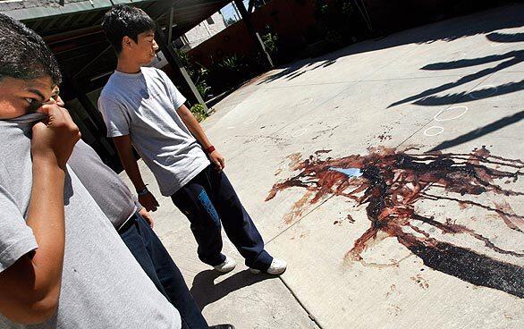 Curious students on the way to school look at a pool of blood where a Mexican soldier died. The previous evening, the army attacked one of Teodoro Garcia Simental's alleged hide-outs. Four hit men suspected of being followers of "El Teo" were killed inside the house. The body of a kidnap victim was found in a freezer in the carport.