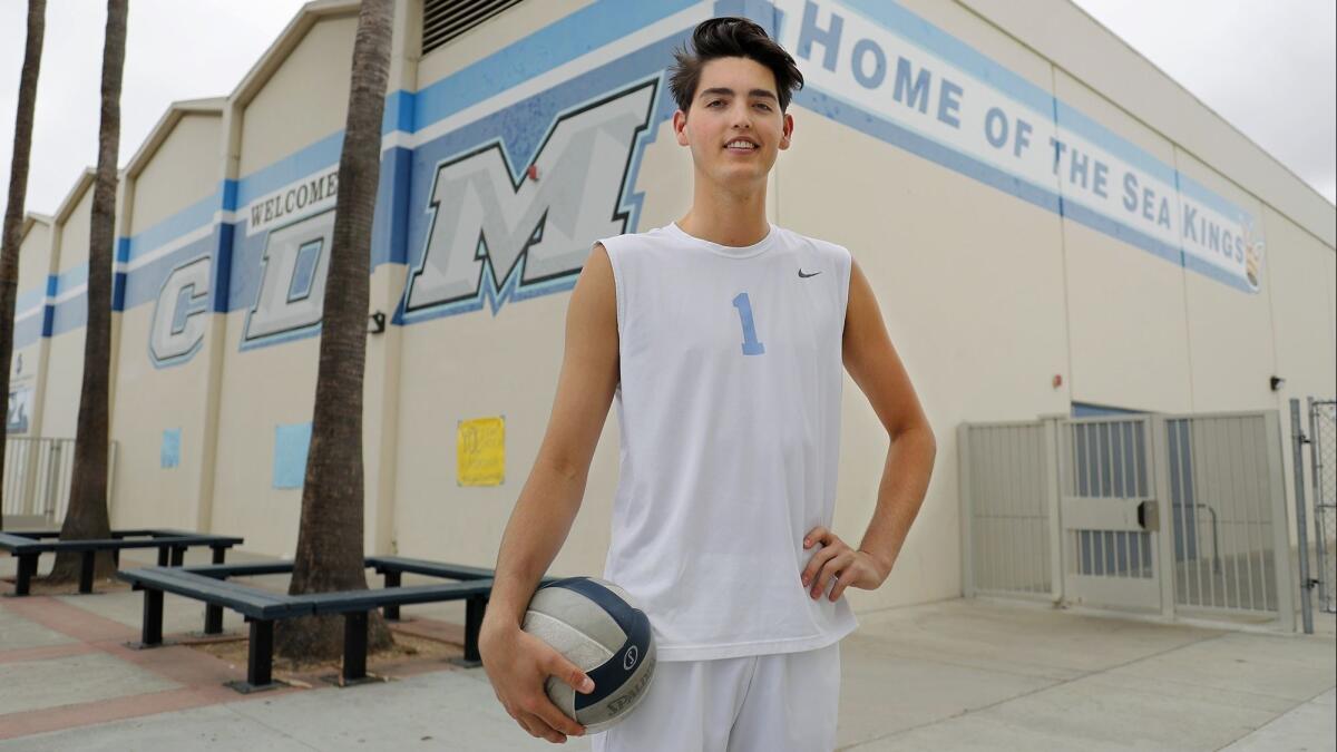 Brandon Browning finished with 21 kills and 14 digs in Corona del Mar High's five-set win over rival Newport Harbor in the CIF Southern Section Division 1 boys' volleyball title match on May 19.