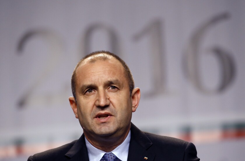 FILE - In this Sunday, Nov, 13, 2016 file photo, Bulgarian Socialists Party candidate Rumen Radev speaks during a press conference after presidential elections in Sofia, Bulgaria. Bulgaria is likely to hold another election on July 11, after the largest three parties in parliament gave up on trying to form a government. President Rumen Radev said Wednesday, May 5, 2021 that he would dissolve parliament, appoint a caretaker government and call a new election once a new electoral commission is appointed. (AP Photo/Darko Vojinovic, File)
