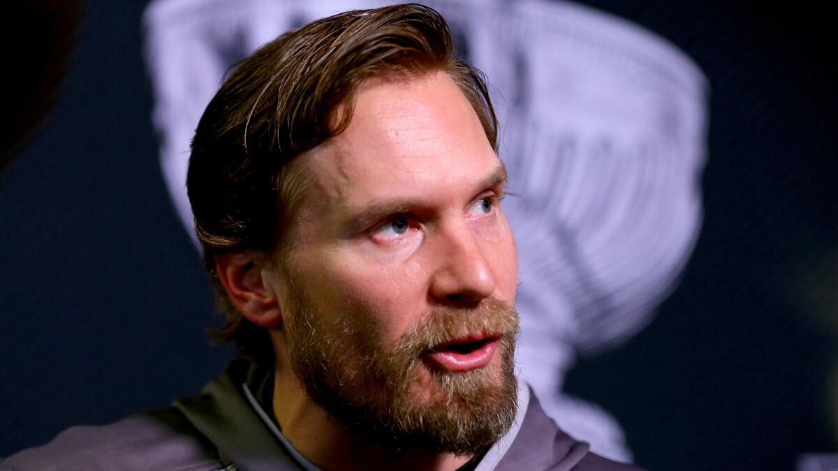 Chicago Blackhawks defenseman Kimmo Timonen speaks during a news conference in Tampa Bay on June 2, 2015.