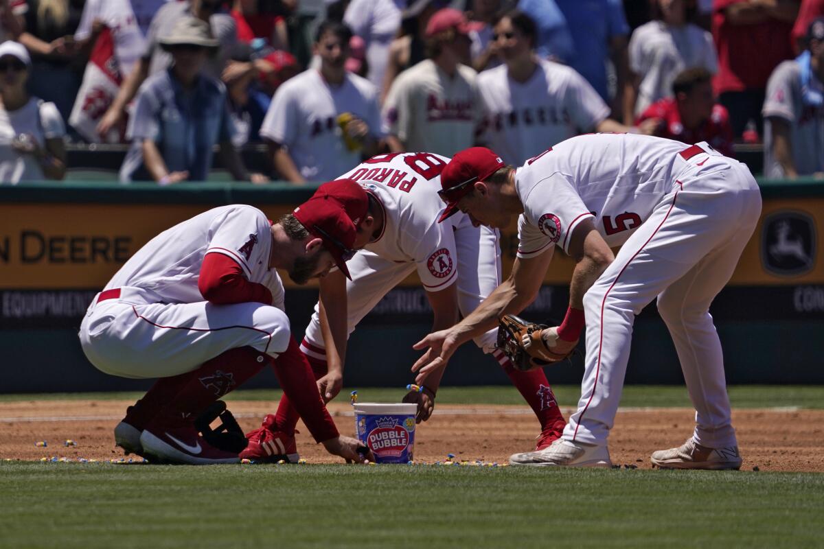 Angels players Taylor Ward, left, and Matt Duffy, right, and a batboy pick up gum that was thrown on the field.
