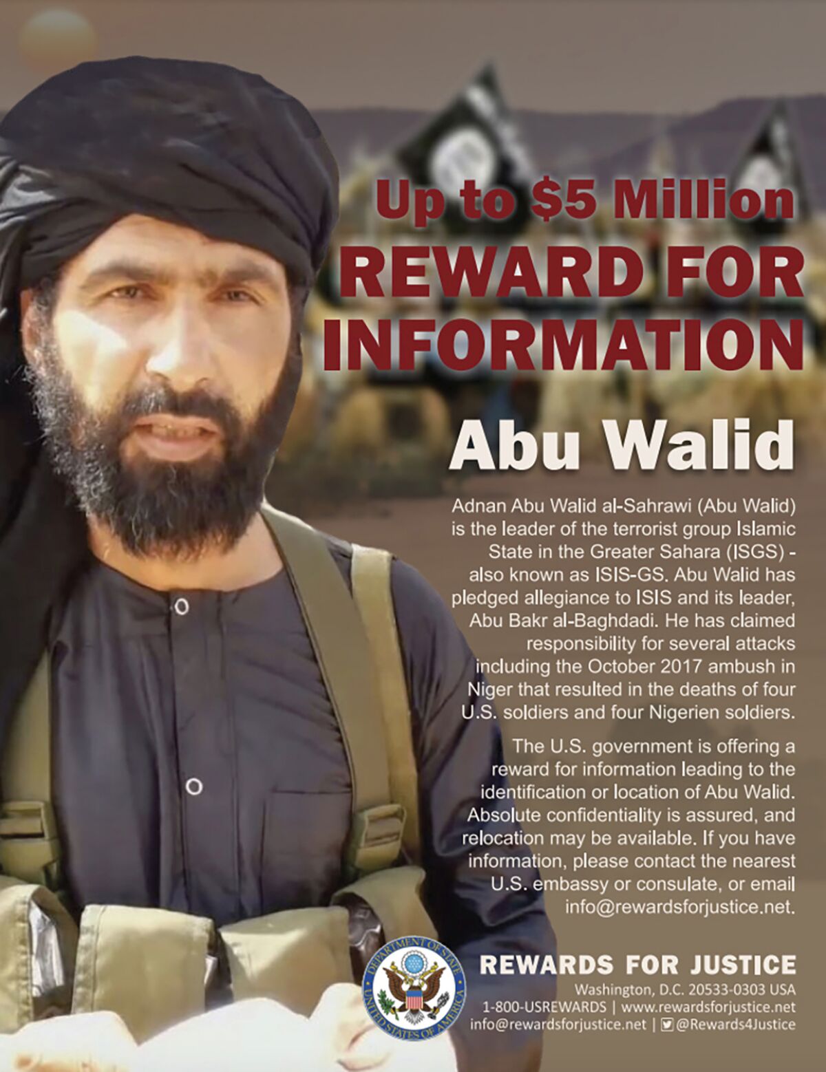 This undated image provided by Rewards For Justice shows a wanted posted of Adnan Abu Walid al-Sahrawi, the leader of Islamic State in the Greater Sahara. French President Emmanuel Macron announced the death of al-Sahrawi Wednesday, Sept. 15, 2021, calling the killing “a major success” for the French military after more than eight years fighting extremists in the Sahel. Macron tweeted that al-Sahrawi “was neutralized by French forces” but gave no further details. (Rewards For Justice via AP)