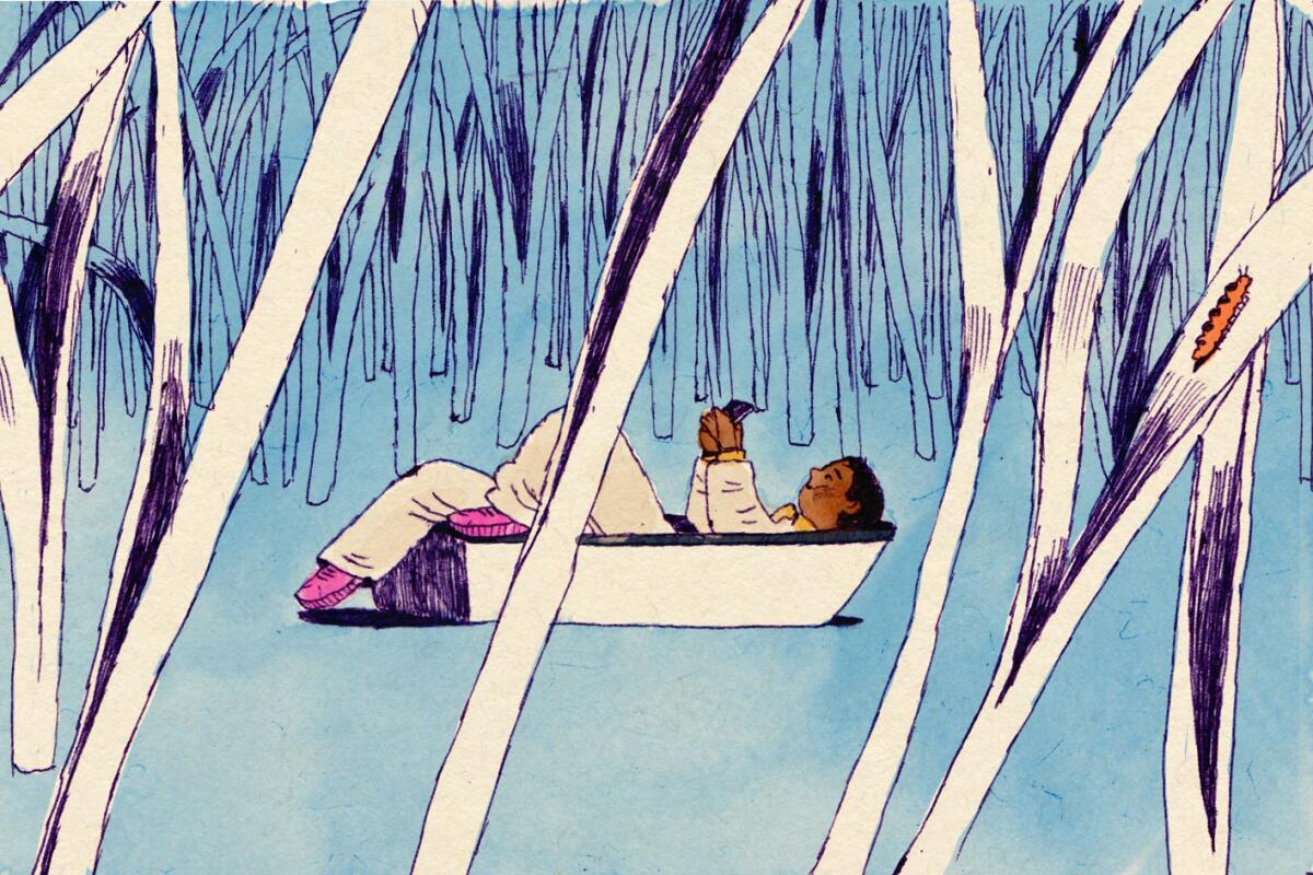 illustration of a boy in a boat in a quiet pond, looking at his phone. 