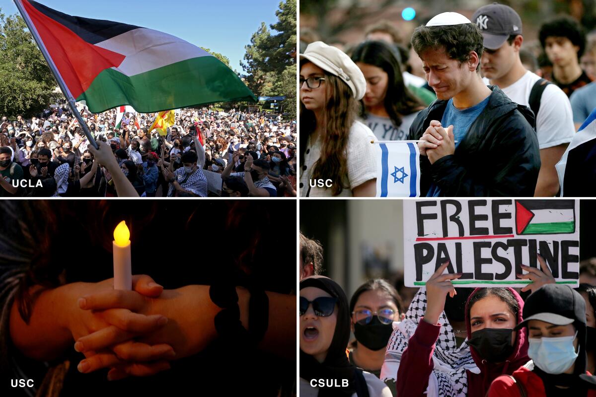 A view of a black, white, green and red flag, people grieving, people with a Free Palestine sign, hands holding a candle 