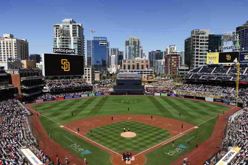 San Diego, CA - April 03: Law enforcement officials stand on the field as they are recognized prior to the Padres game against the St. Louis Cardinals at Petco Park on Wednesday, April 3, 2024 in San Diego, CA. (Meg McLaughlin / The San Diego Union-Tribune)