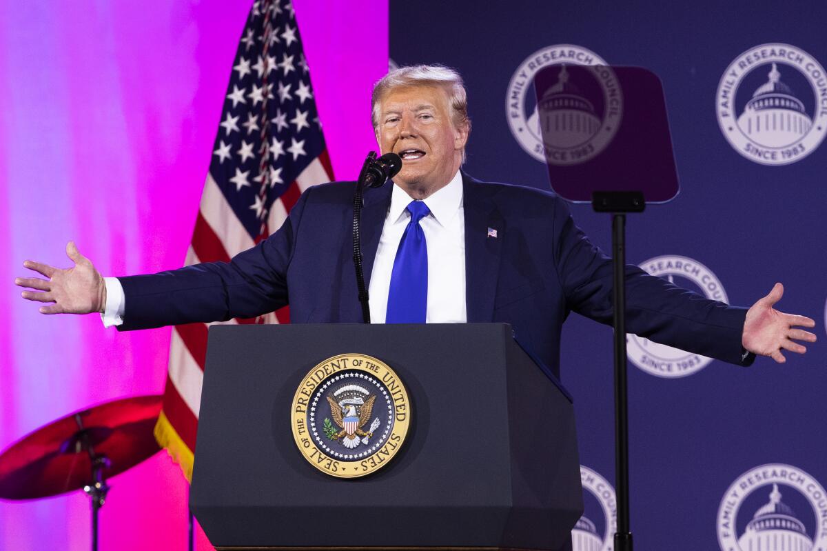 President Trump speaks at the Values Voter Summit in Washington on Saturday.