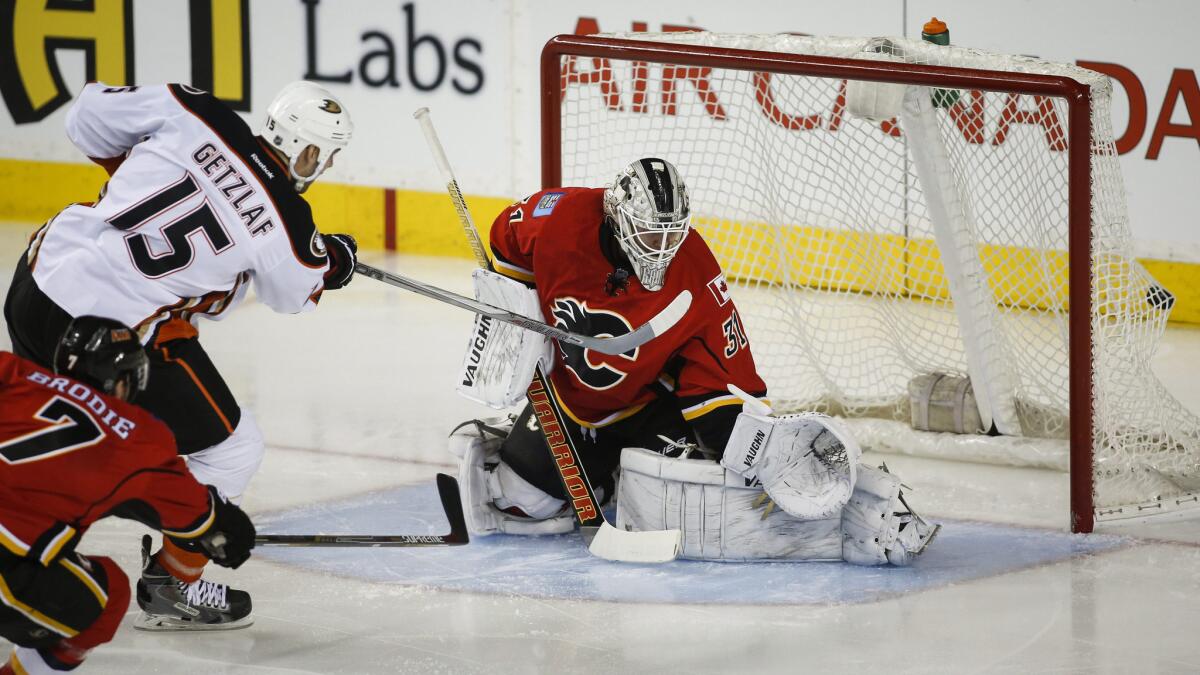 Ducks captain Ryan Getzlaf scores on Calgary Flames goalie Karri Ramo on March 11.