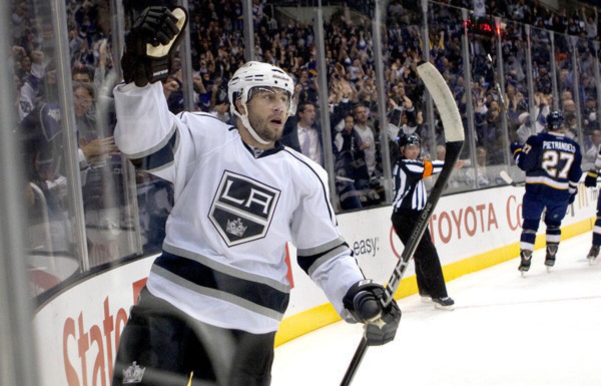 Winger Simon Gagne, celebrating a goal, will return to the Kings' lineup Saturday night.