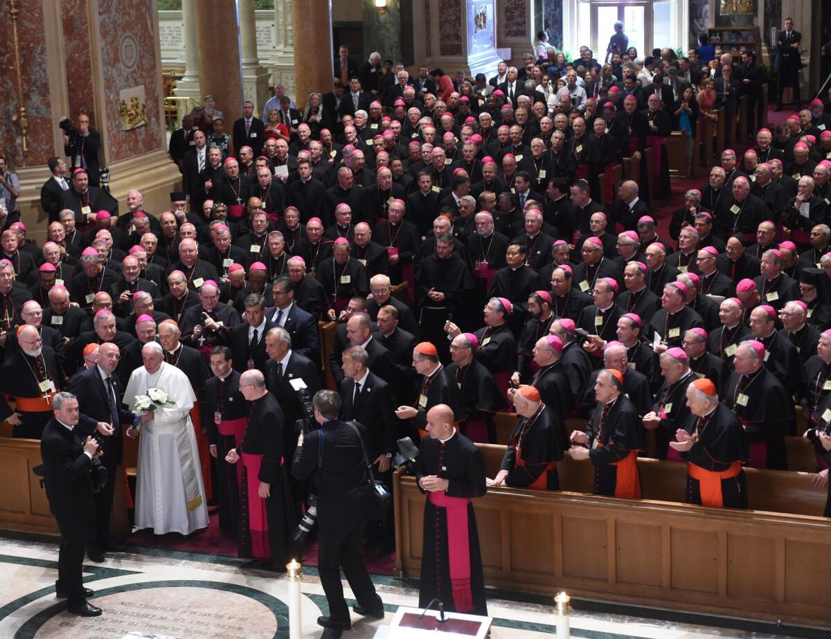 Pope Francis attends the Midday Prayer of the Divine with more than 300 U.S. Bishops at the Cathedral of St. Matthew the Apostle.