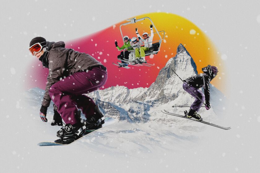 Skiers and snowboarders in front of a bright background. 