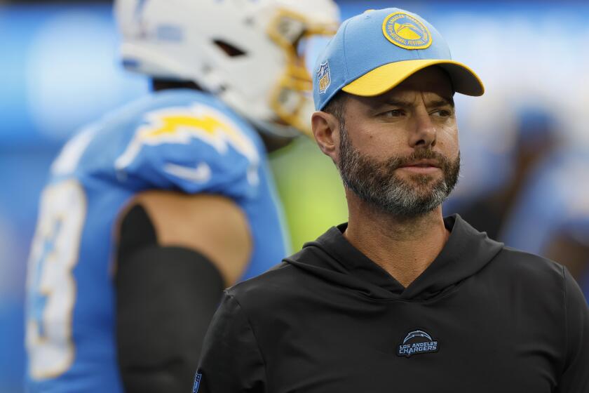 Chargers coach Brandon Staley on the sidelines before a game against the Las Vegas Raiders at SoFi Stadium. 