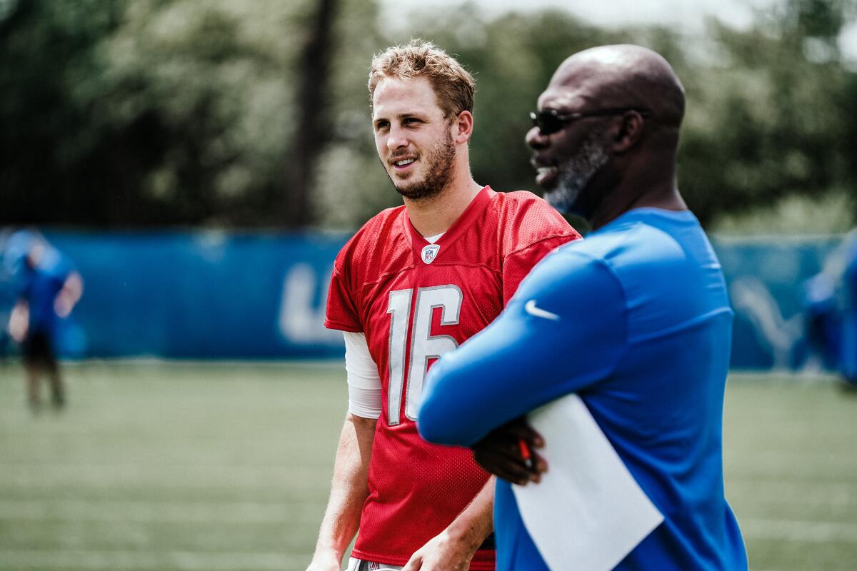 Detroit Lions Offensive Coordinator Anthony Lynn Detroit Lions quarterback Jared Goff (16) during Lions OTAs