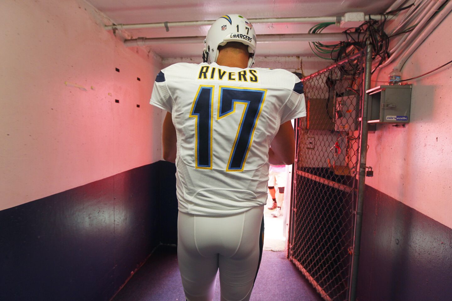 Chargers quarterback Philip Rivers walks out to the field at Qualcomm. Stadium before a game against the Jaguars.