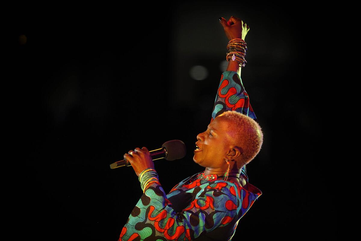 Benin-born singer and bandleader Angelique Kidjo in concert Friday night at the Grand Performances stage in downtown L.A.