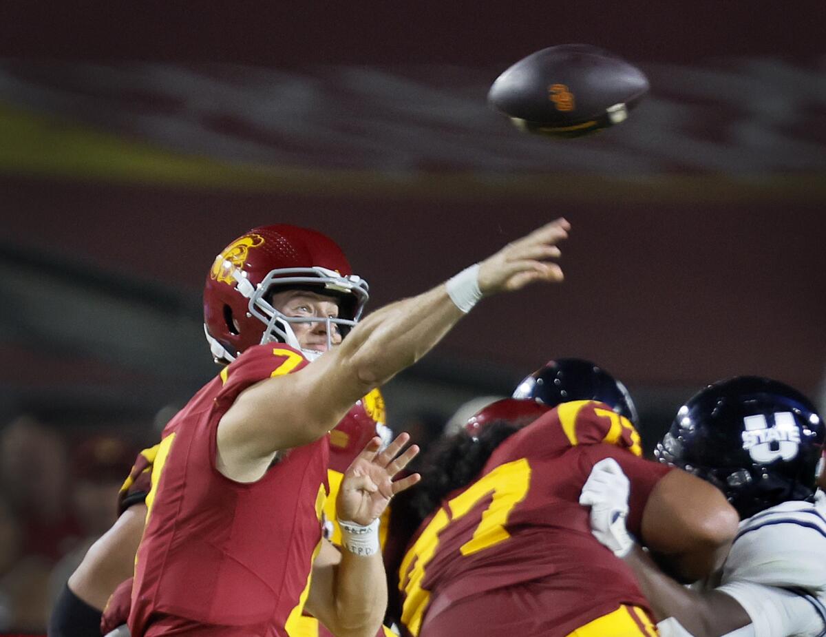 USC starting quarterback Miller Moss passes the ball in the USC home opener