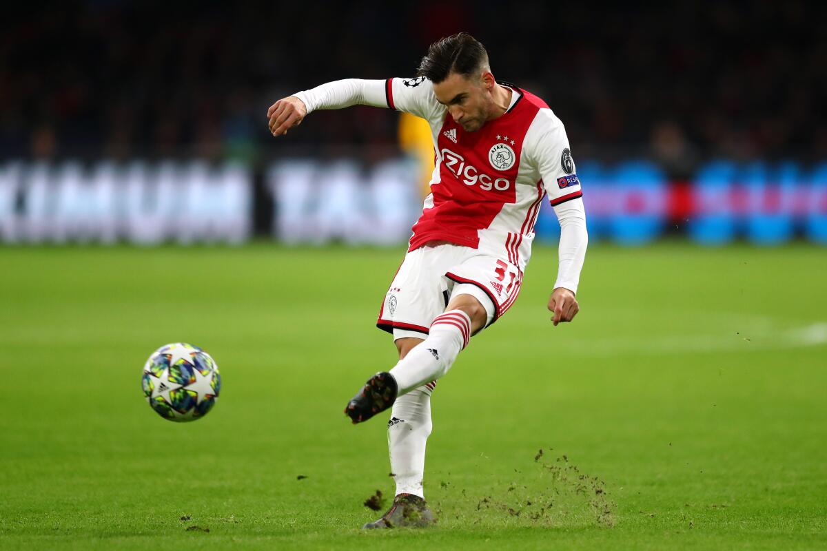 AMSTERDAM, NETHERLANDS - DECEMBER 10: Nicolas Tagliafico of Ajax in action during the UEFA Champions League group H match between AFC Ajax and Valencia CF at Amsterdam Arena on December 10, 2019 in Amsterdam, Netherlands. (Photo by Dean Mouhtaropoulos/Getty Images)