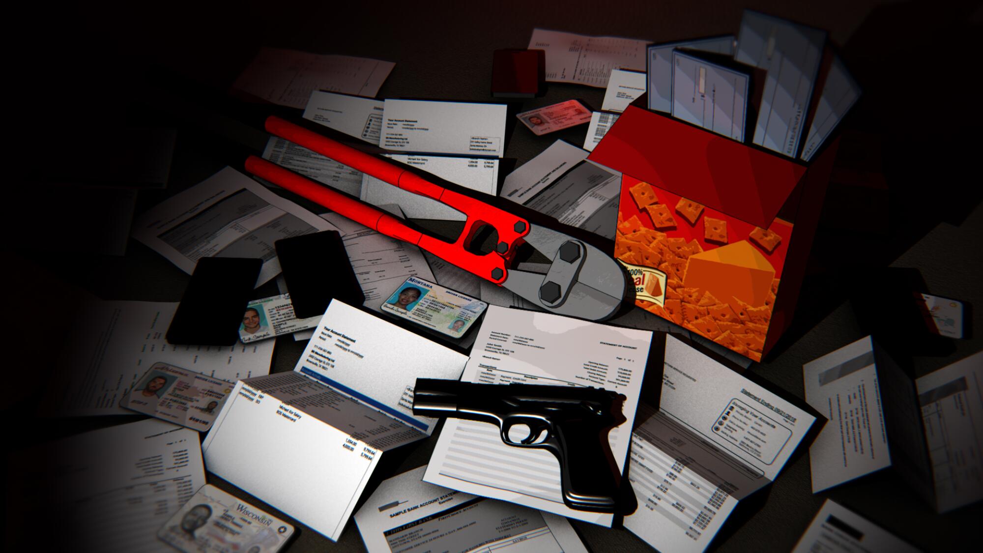 Illustration shows invoices, IDs, a gun ... and checkbooks stuffed in a Cheez-Its box.