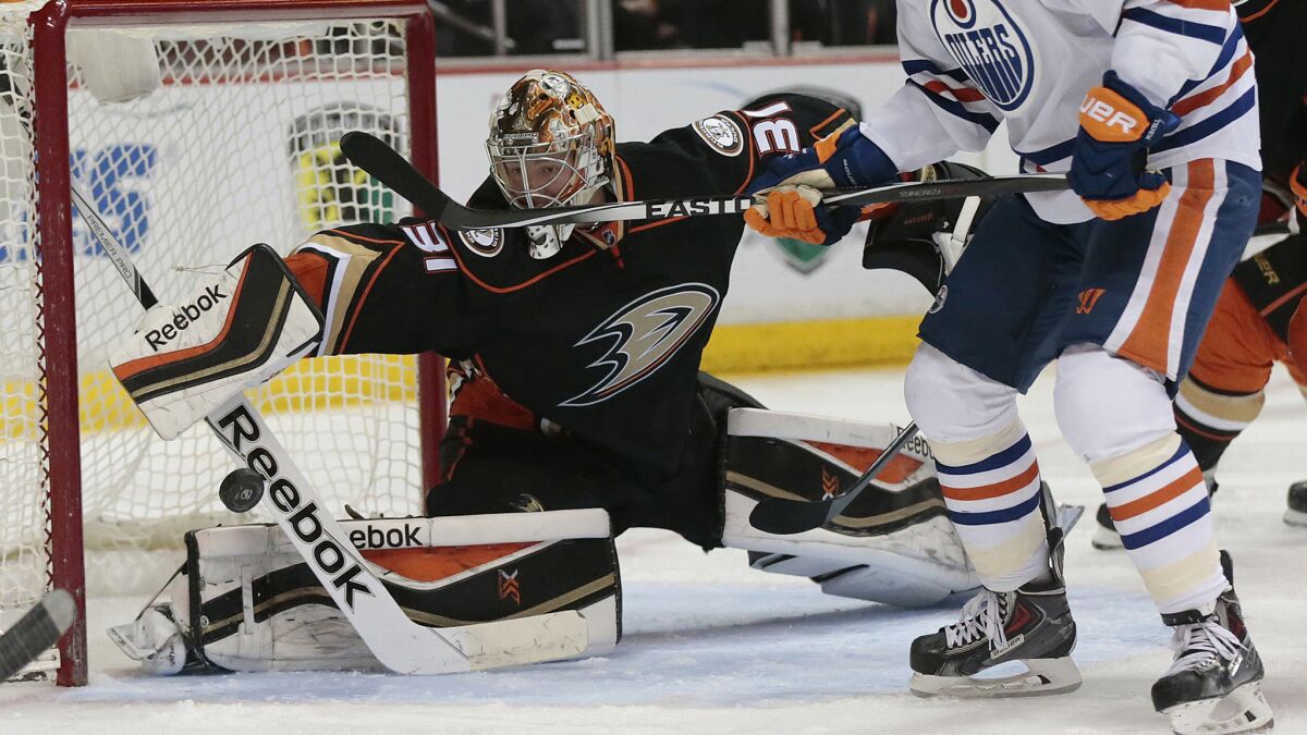 Ducks goalie Frederik Andersen makes a save on a shot by Edmonton Oilers forward Jordan Eberle (not pictured) during the Ducks' 2-1 win on Dec. 10.
