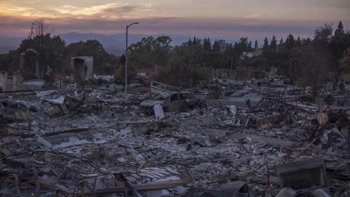 The ruins of houses destroyed by the Tubbs fire in Santa Rosa, Calif., on Saturday.