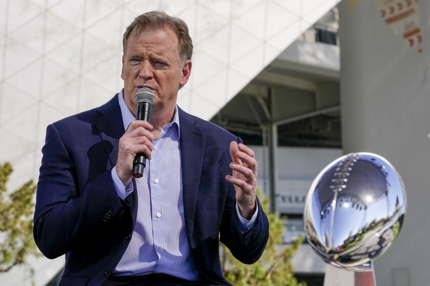 NFL Commissioner Roger Goodell speaks at a news conference Wednesday, Feb. 9, 2022, in Inglewood, Calif. (AP Photo/Morry Gash)