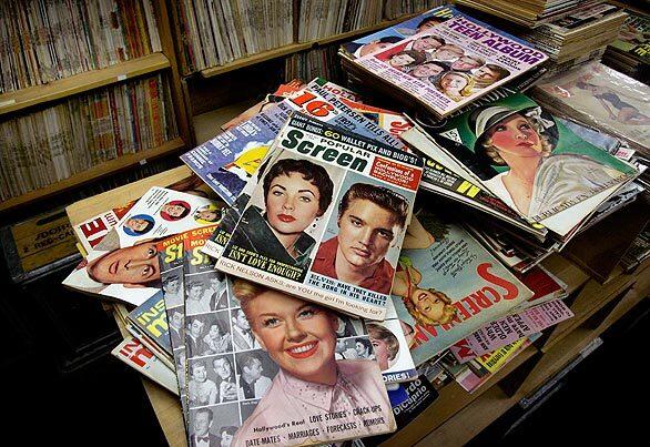 Old movie magazines, including Popular Screen with Elizabeth Taylor and Elvis Presley on the cover, are part of a 3-million-piece collection of Hollywood memorabilia at the Collector's Book Store in Hollywood. The collection will be auctioned in six months.