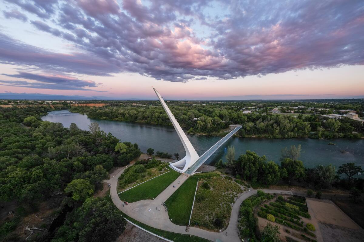 An aerial view of the Sundial Bridge at Turtle Bay in Redding.