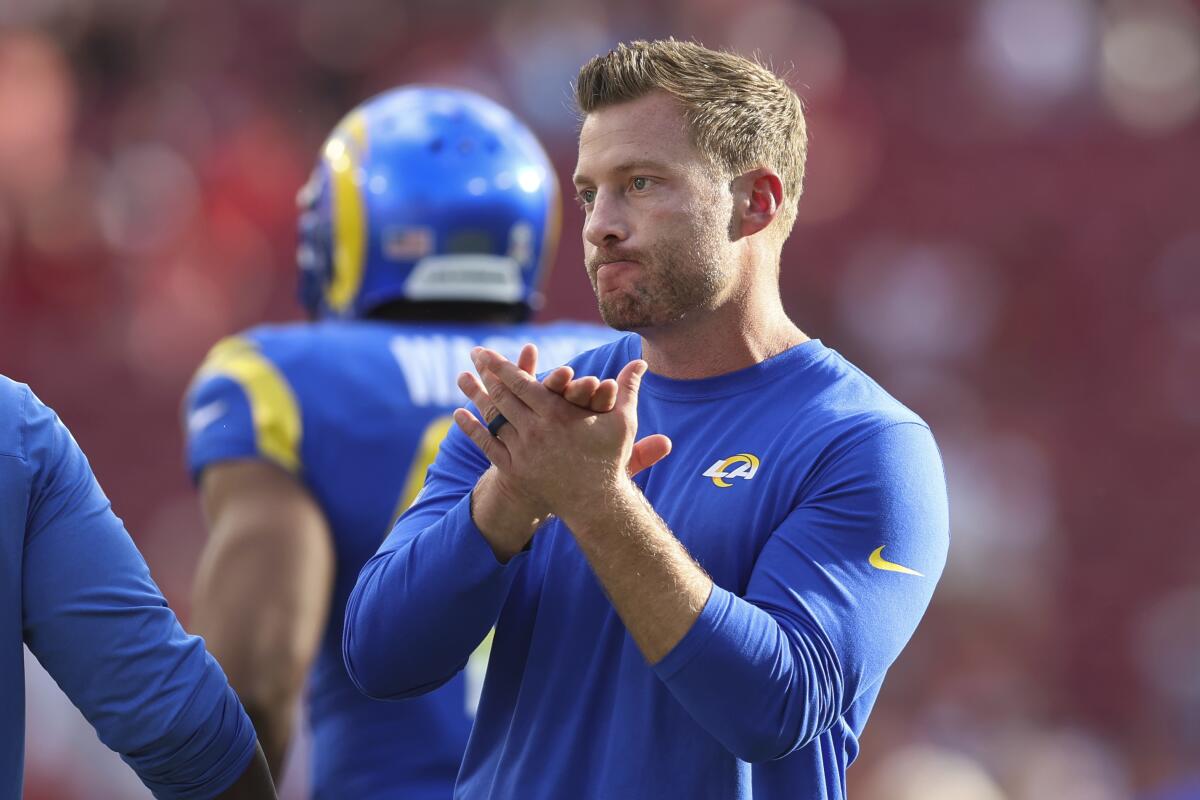 Rams coach Sean McVay watches his team warm up before Sunday's loss to the Buccaneers.