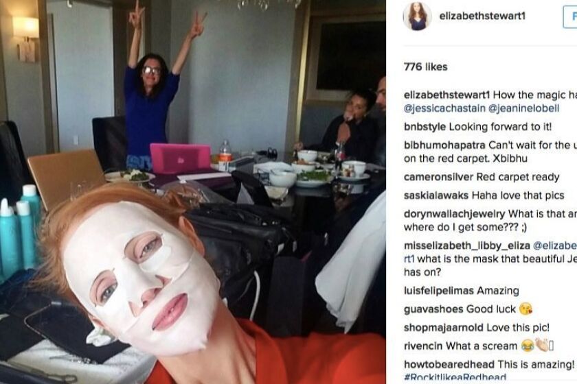 Jessica Chastain's stylist Elizabeth Stewart posted a picture on Instagram of the actress wearing a sheet mask.