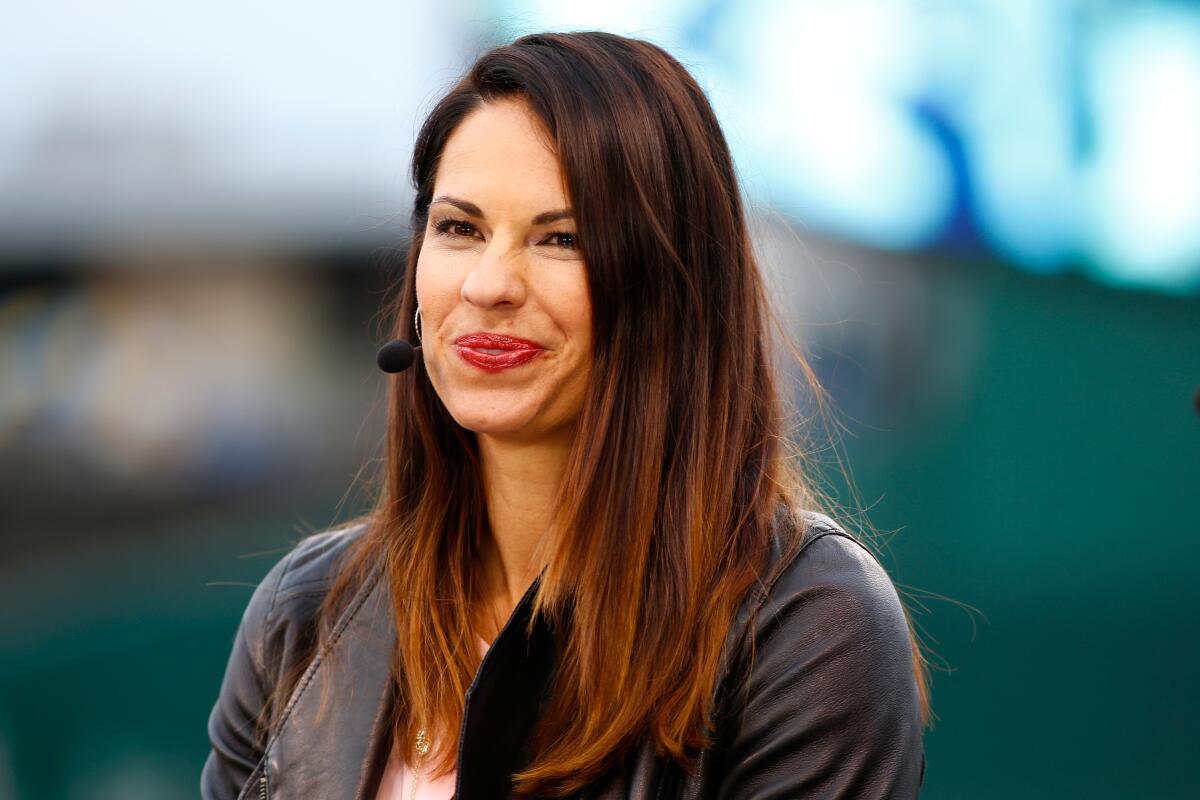 Jessica Mendoza speaks on set the day before Game 1 of the 2015 World Series.