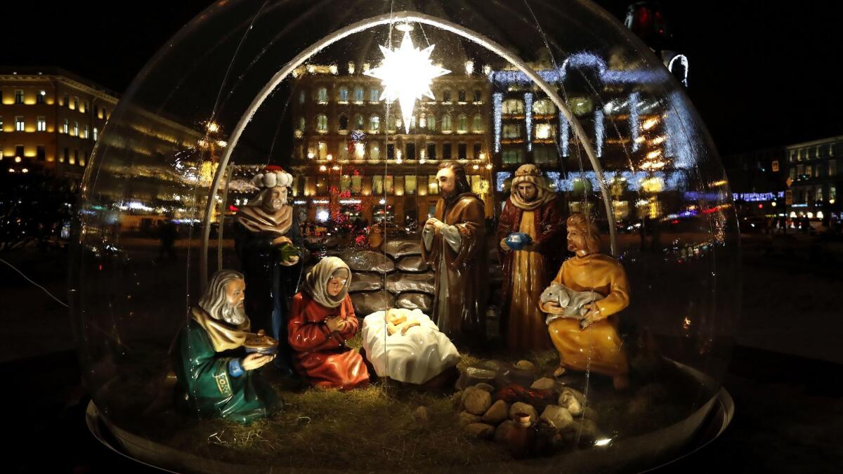 A nativity scene near the Kazan's Cathedral in St. Petersburg, Russia on Dec. 18.
