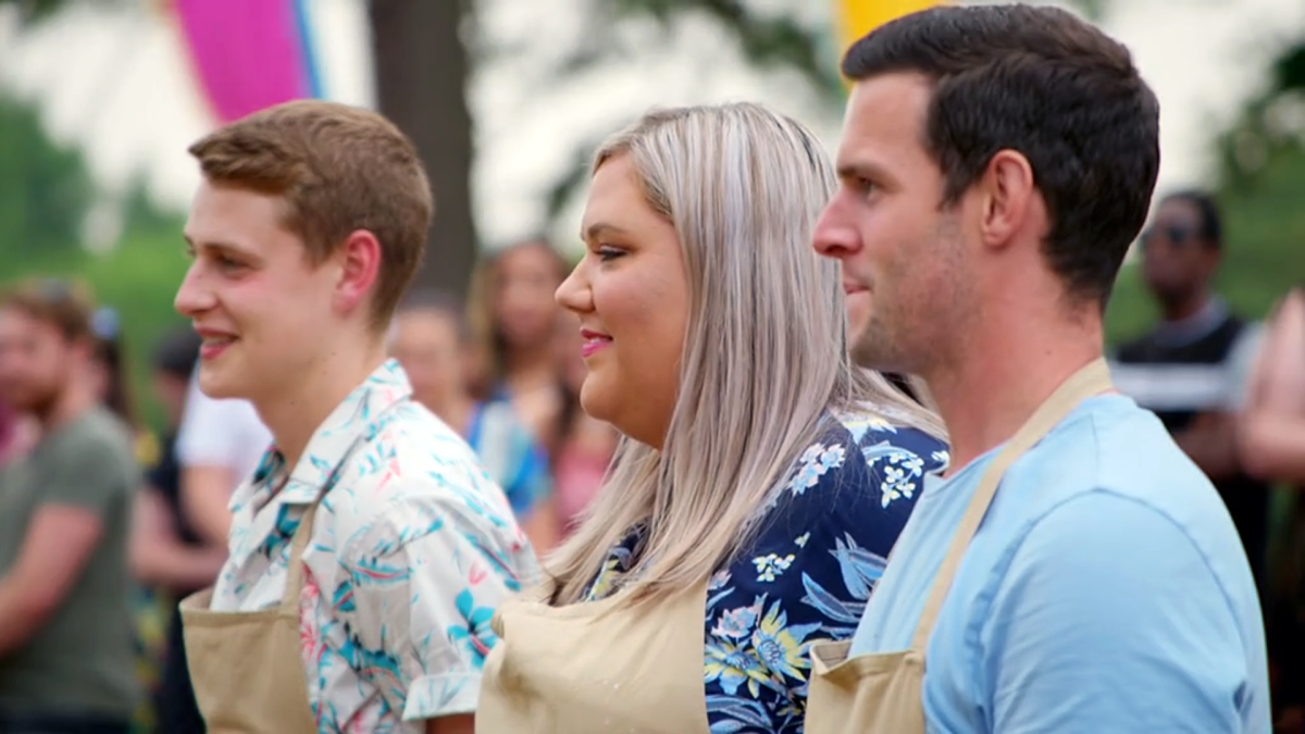 "Great British Baking Show" finalists Peter Sawkins, left, Laura Adlington and Dave Friday await the judges' decision.