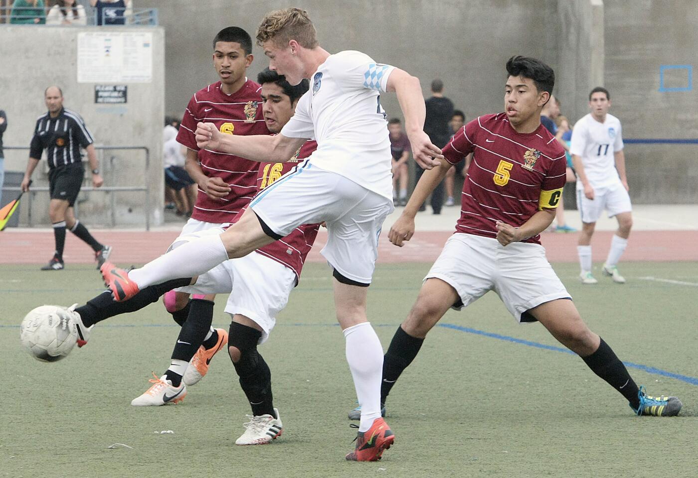CV's Daniel Eng makes a goal attempt against Highland during a CIF SS Division III wild-card soccer match at CV High on Tuesday, February 18, 2014.