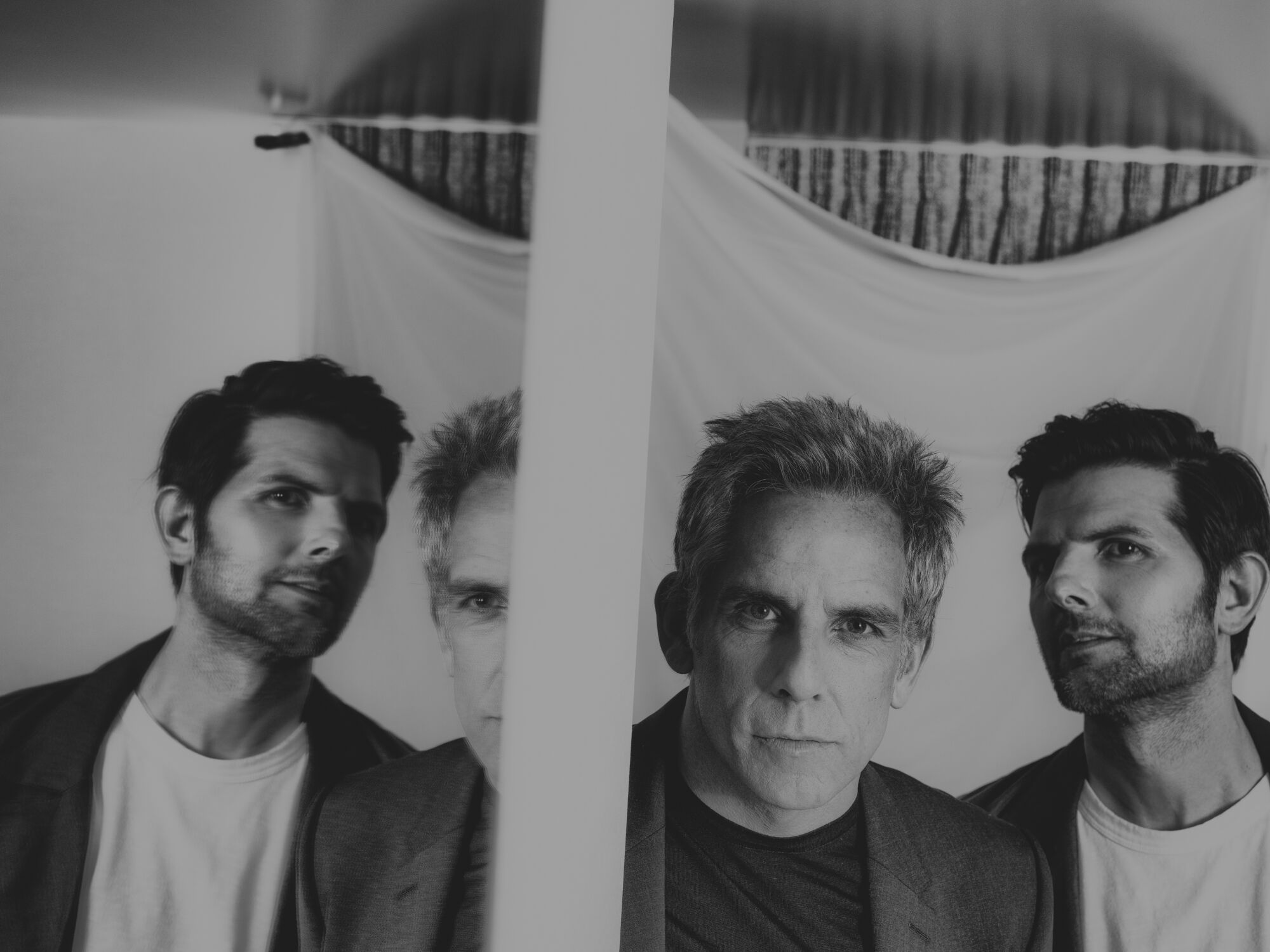 Portrait of Ben Stiller and Adam Scott at the London Hotel for "Severence," which Stiller directs and Scott stars. I