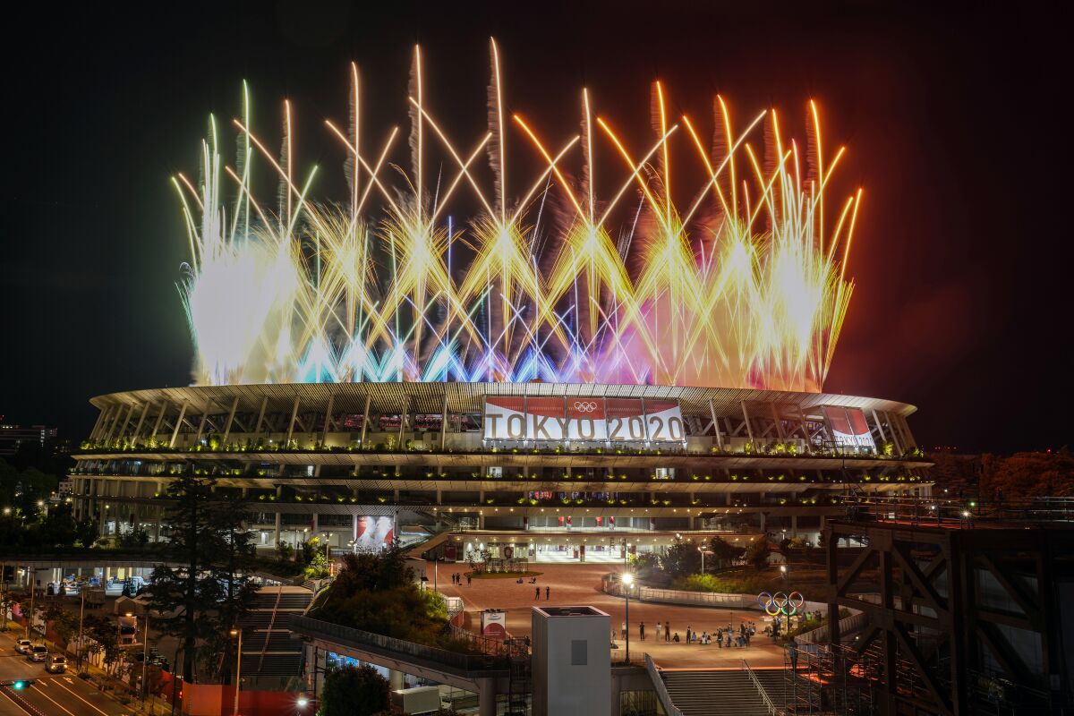 Fireworks over National Stadium during the closing ceremony of the 2020 Tokyo Olympics on Sunday