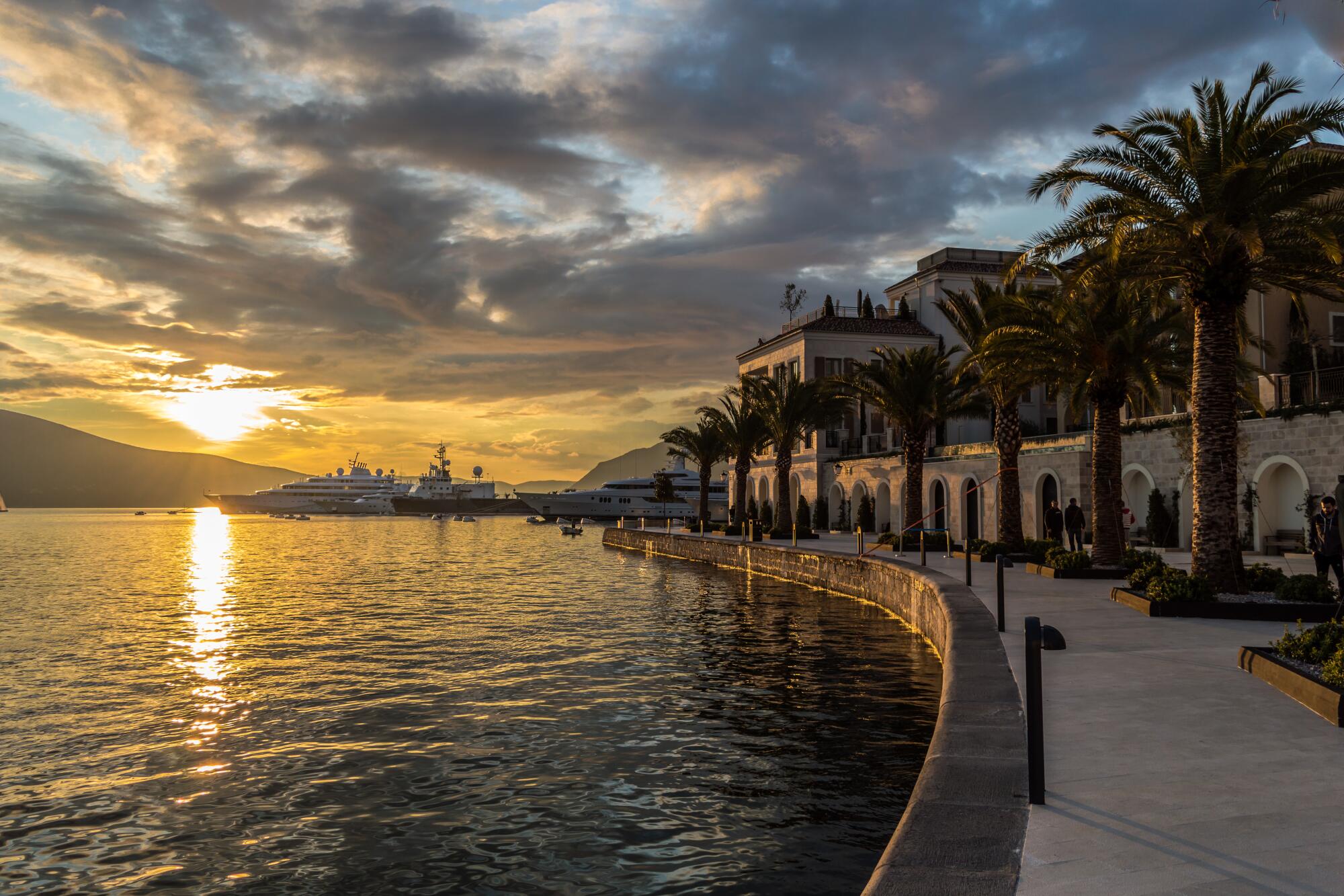 Sunset in the Porto Montenegro marina in Tivat, Montenegro.