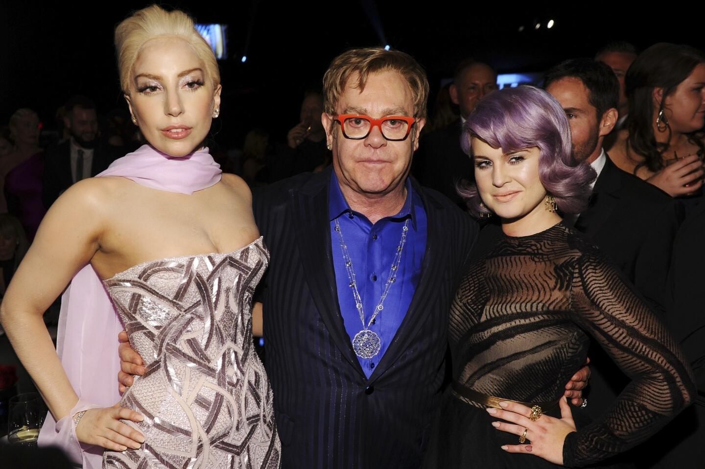 Lady Gaga, left, Elton John and Kelly Osbourne.