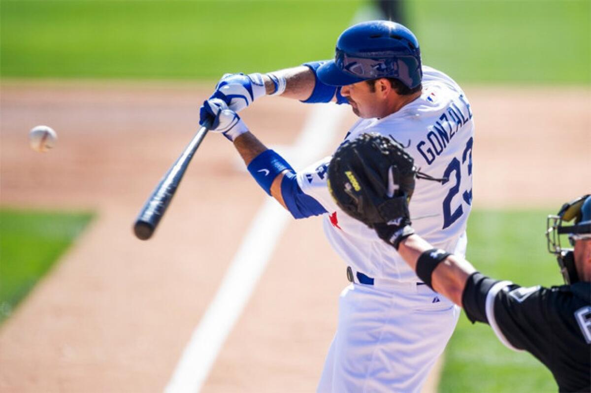 Dodgers first baseman Adrian Gonzalez bats during a spring training game against the Chicago White Sox in February.