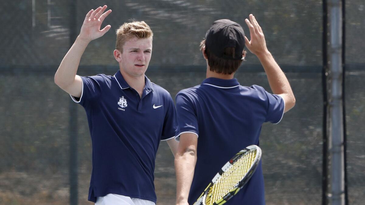 Newport Harbor High's Josh Watkins, left, and Andy Myers, right, won a Sunset League doubles title and advanced to the round of 16 at the CIF Individuals tournament in 2018.