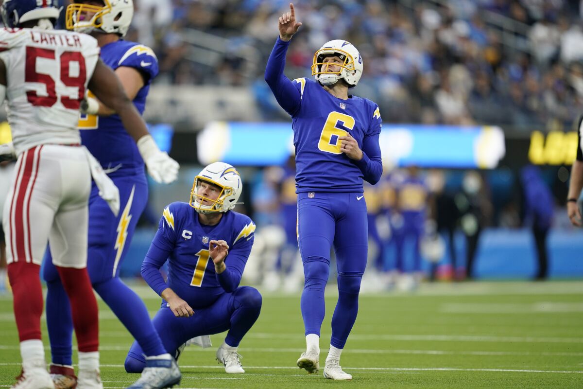 Chargers kicker Dustin Hopkins follows through on a field-goal attempt in the second half Sunday.