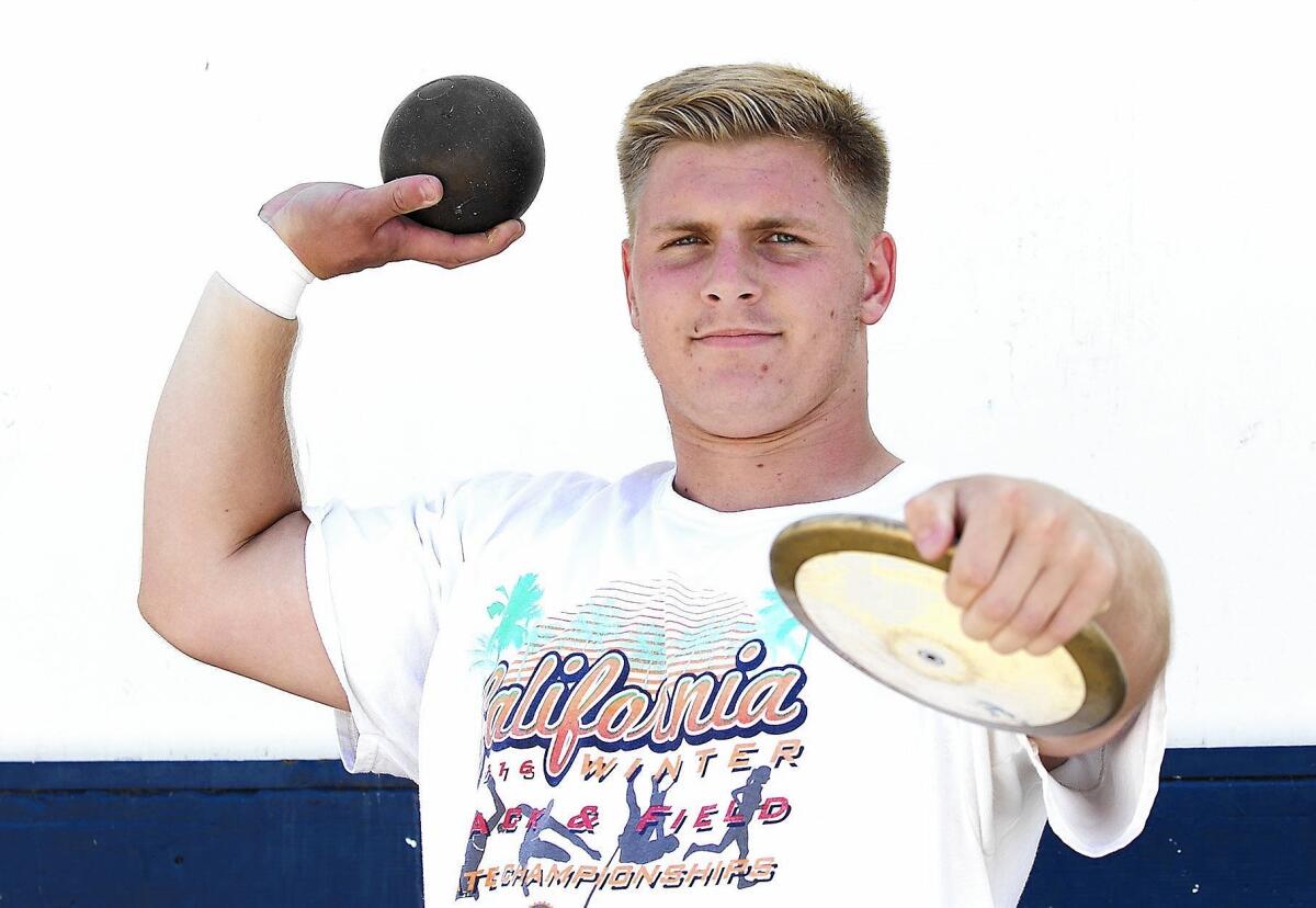 Newport Harbor High junior Cole Smith won the CIF Southern Section Division 2 shotput title with a mark of 57 feet, 9? inches, and placed third in the discus throw with a personal-best effort of 179-3 last week at Cerritos College.