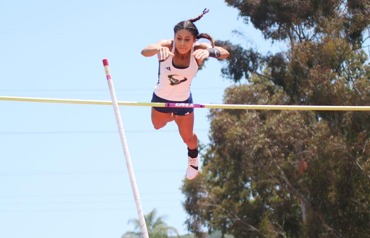 Downing, shown here at the San Diego CIF Championships, cleared 13-5 at the State meet.